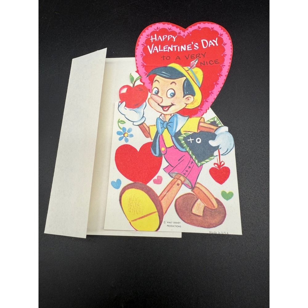 Vintage Walt Disney Valentine Card‎ Pinocchio Apple Book Theme 1960s w Envelope